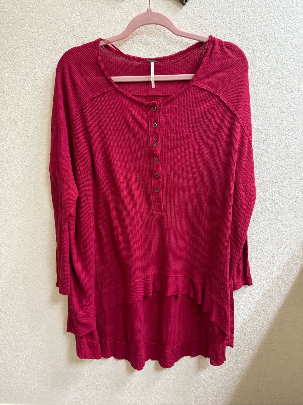 Free People Raspberry High-Low Waffle Henley Tunic